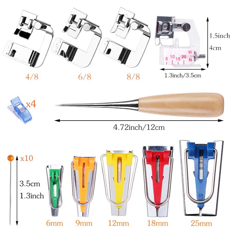 LUNARM Bias Tape Tool Kit with Instruction, 5 Sizes Bias Tape Maker (6mm 9mm 12mm 18mm 25mm) with 4 Pcs Sewing Machine Presser Foot, Sewing Clips, Ball Point Pins, Awl, for Fabric Sewing and Quilting - Image 2